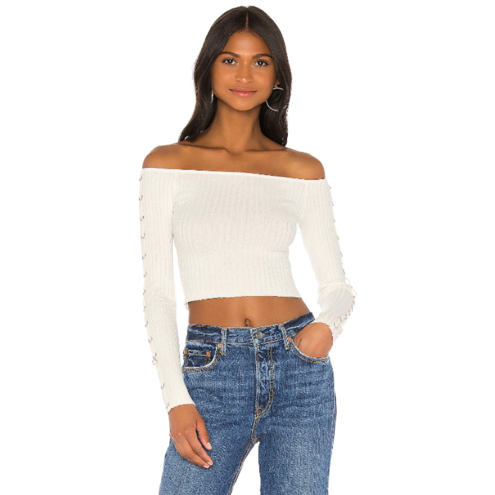 REVOLVE Superdown Tamina Off The Shoulder Top Metal Ring Sleeve Rib Knit Blouse